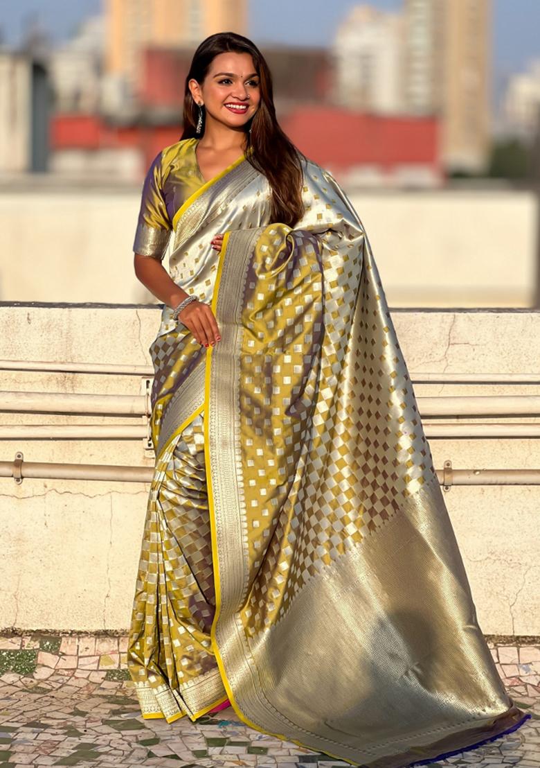 Yellow Zari Woven Silk Blend Saree Set