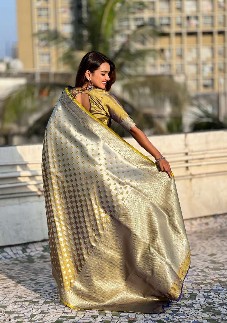 Yellow Zari Woven Silk Blend Saree Set - Indya
