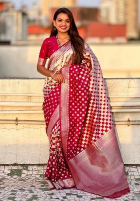Red Zari Woven Silk Blend Saree Set