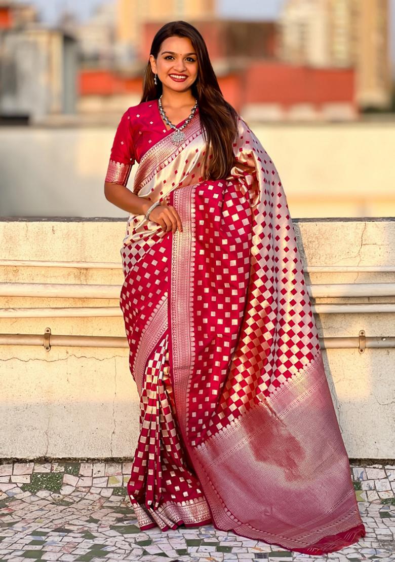 Red Zari Woven Silk Blend Saree Set