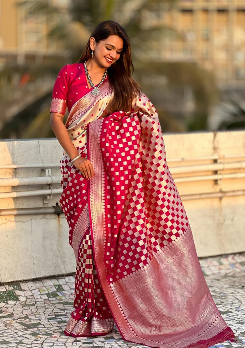 Red Zari Woven Silk Blend Saree Set