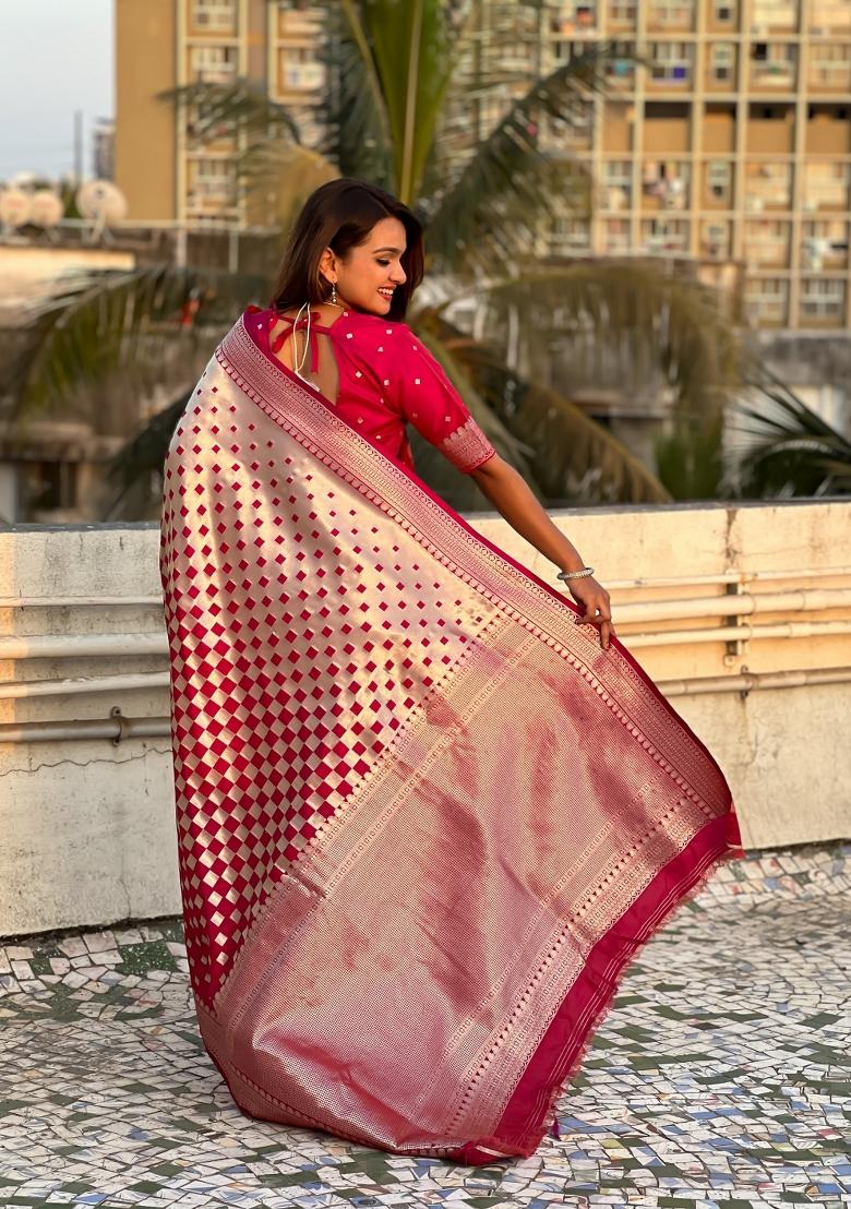 Red Zari Woven Silk Blend Saree Set