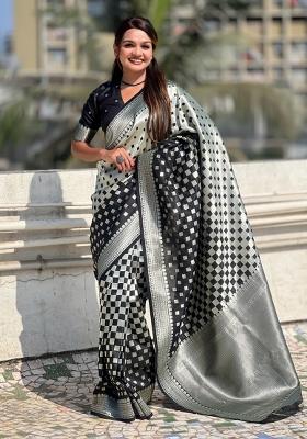 Black Zari Woven Silk Blend Saree Set