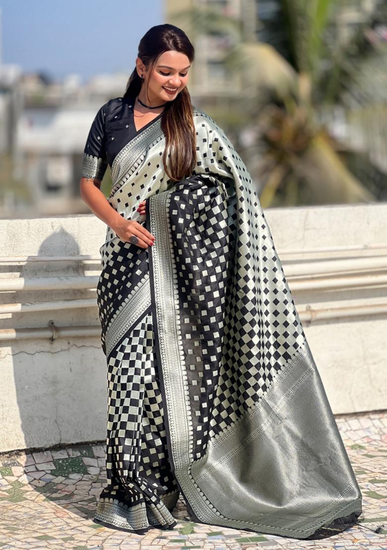 Black Zari Woven Silk Blend Saree Set