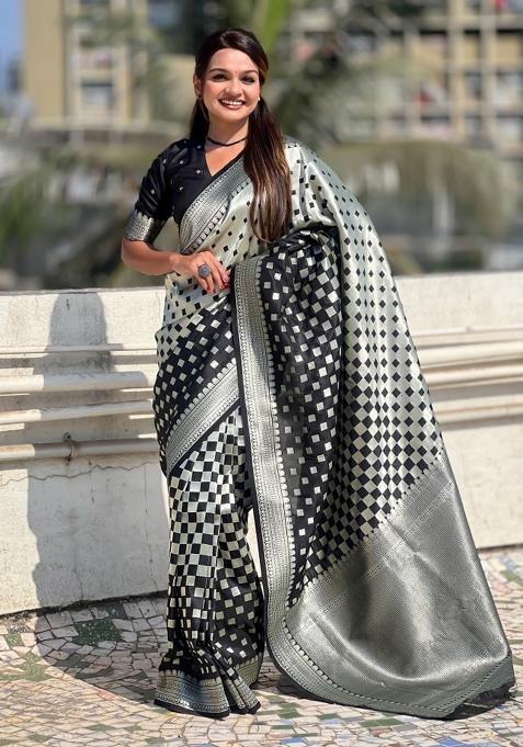 Black Zari Woven Silk Blend Saree Set