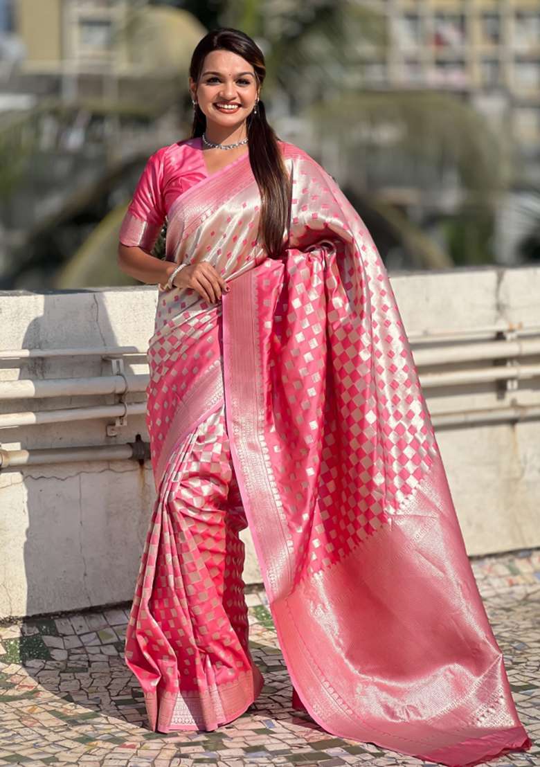 Pink Zari Woven Silk Blend Saree Set - Indya