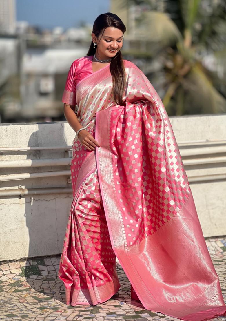 Pink Zari Woven Silk Blend Saree Set