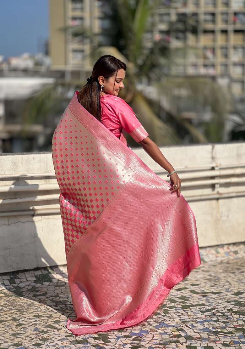Pink Zari Woven Silk Blend Saree Set - Indya
