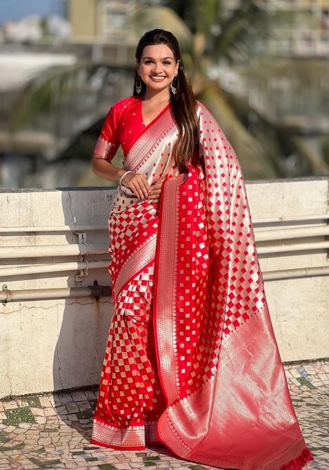 Red Zari Woven Silk Blend Saree Set