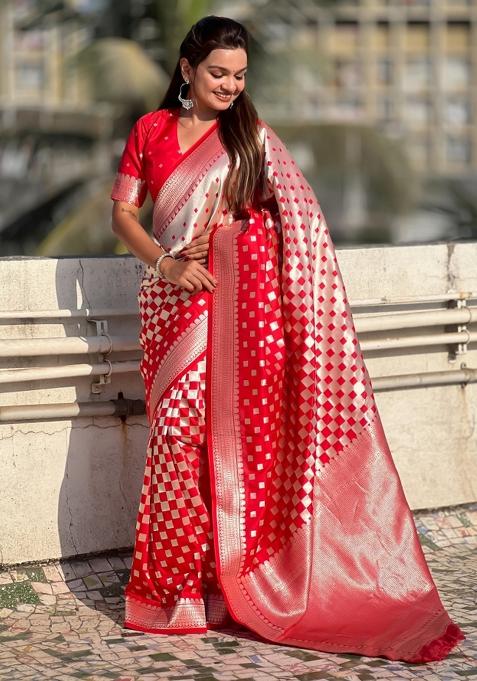 Red Zari Woven Silk Blend Saree Set