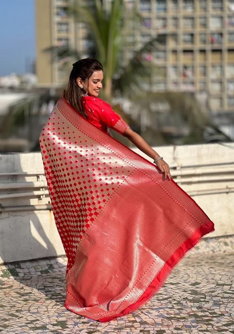 Red Zari Woven Silk Blend Saree Set