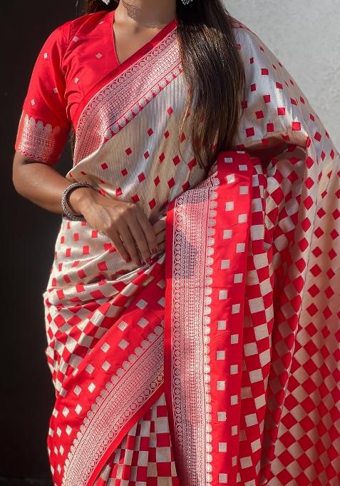 Red Zari Woven Silk Blend Saree Set