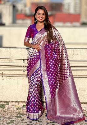 Purple Zari Woven Silk Blend Saree Set
