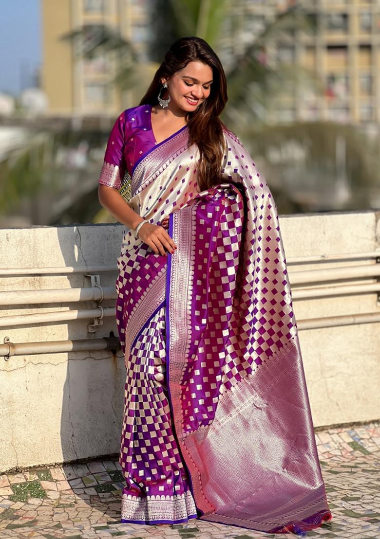 Purple Zari Woven Silk Blend Saree Set