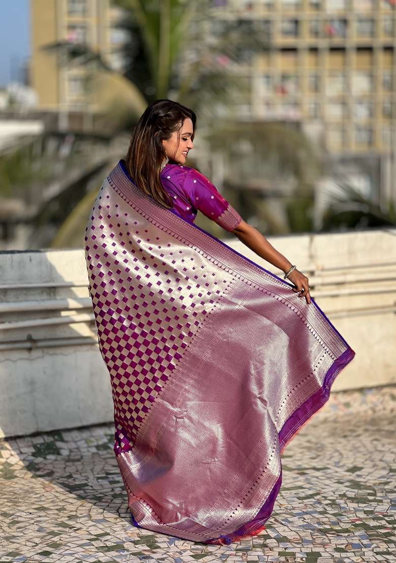 Purple Zari Woven Silk Blend Saree Set - Indya