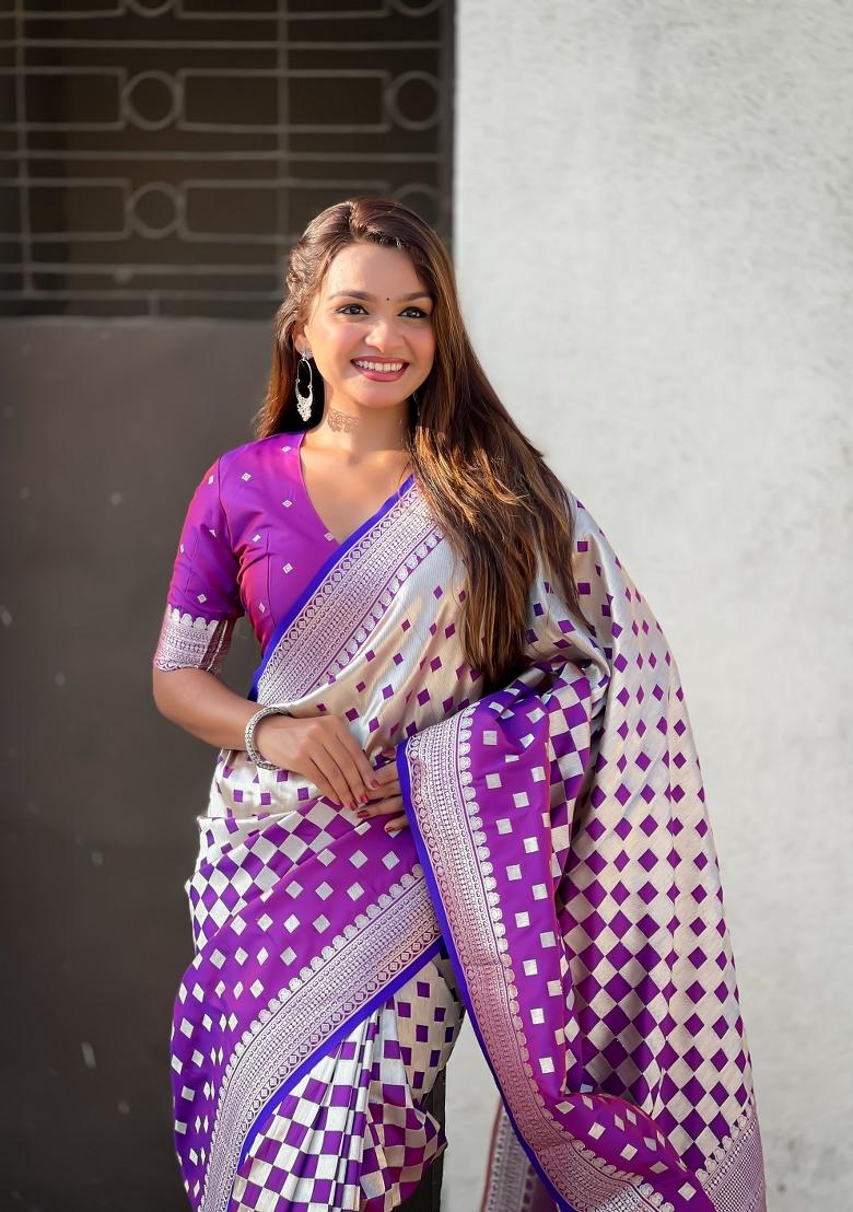 Purple Zari Woven Silk Blend Saree Set