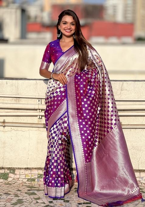 Purple Zari Woven Silk Blend Saree Set
