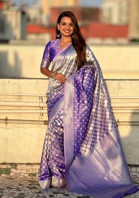 Lavender Zari Woven Silk Blend Saree Set