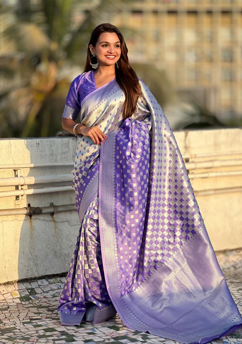 Lavender Zari Woven Silk Blend Saree Set