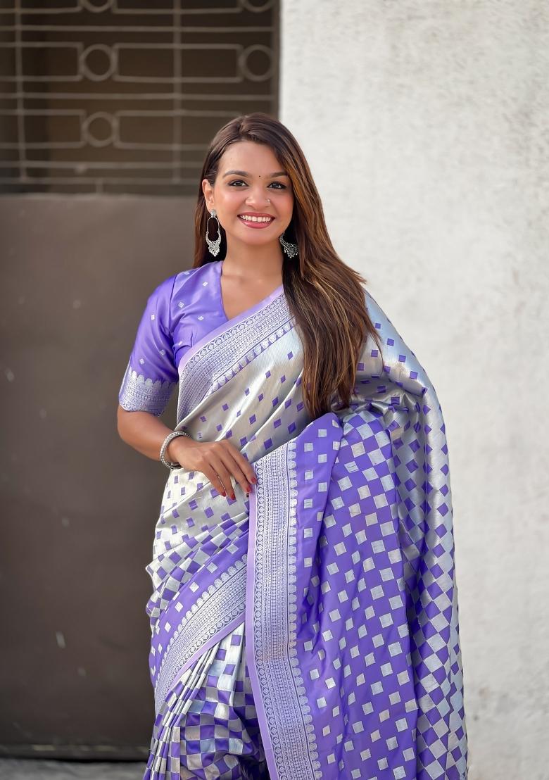 Lavender Zari Woven Silk Blend Saree Set