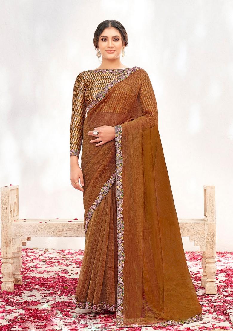 Rust Brown Resham Work Crepe Saree Set