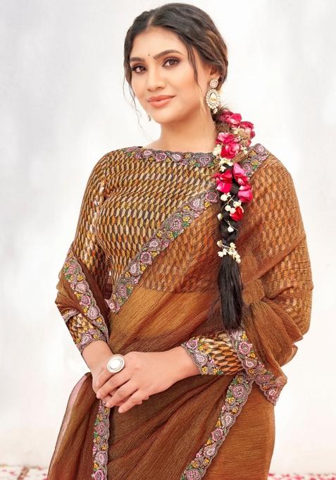 Rust Brown Resham Work Crepe Saree Set