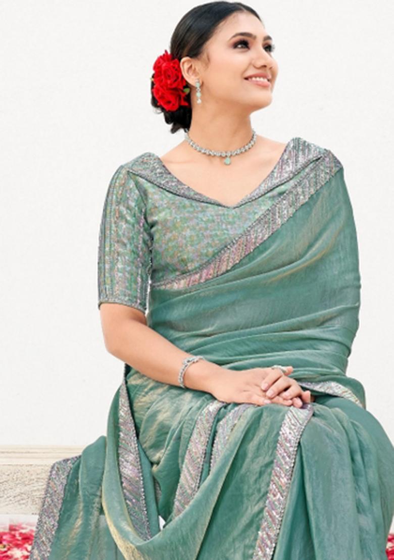 Sea Green Resham Work Satin Saree Set