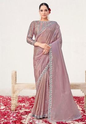 Onion Pink Resham Work Silk Saree Set