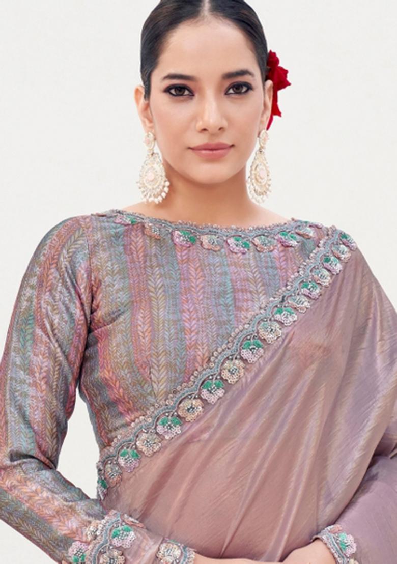 Onion Pink Resham Work Silk Saree Set