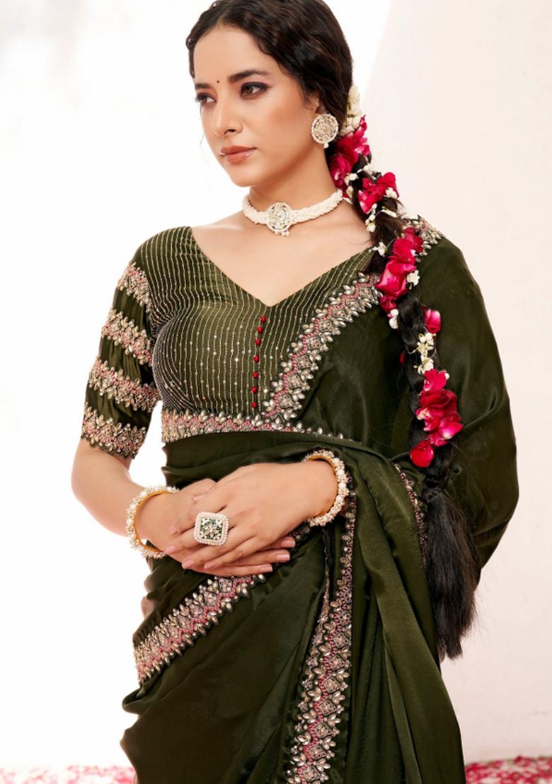 Green Resham Work Crepe Saree Set