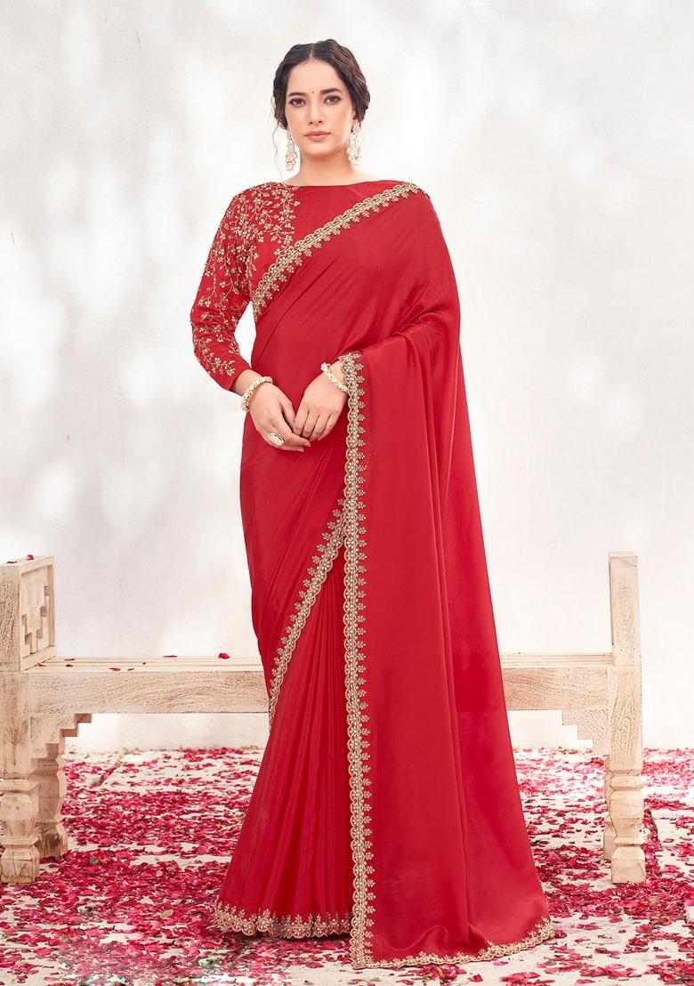 Red Resham Work Crepe Saree Set