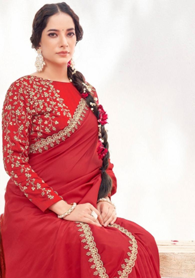 Red Resham Work Crepe Saree Set