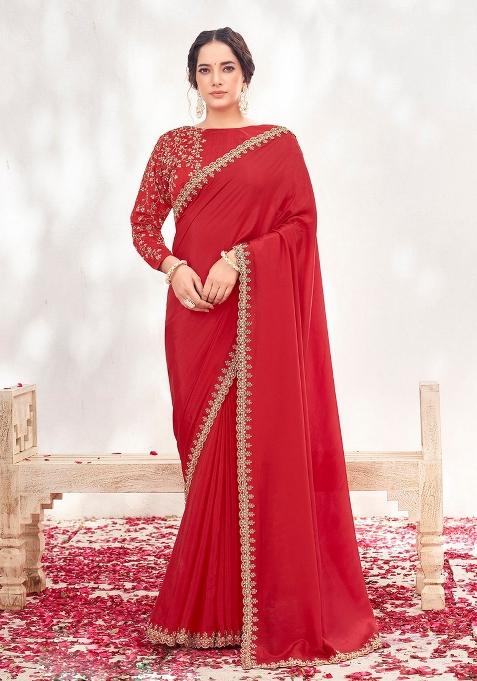 Red Resham Work Crepe Saree Set