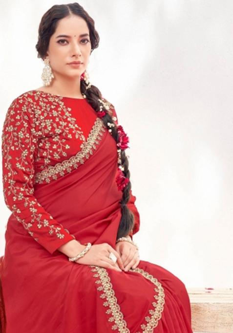 Red Resham Work Crepe Saree Set