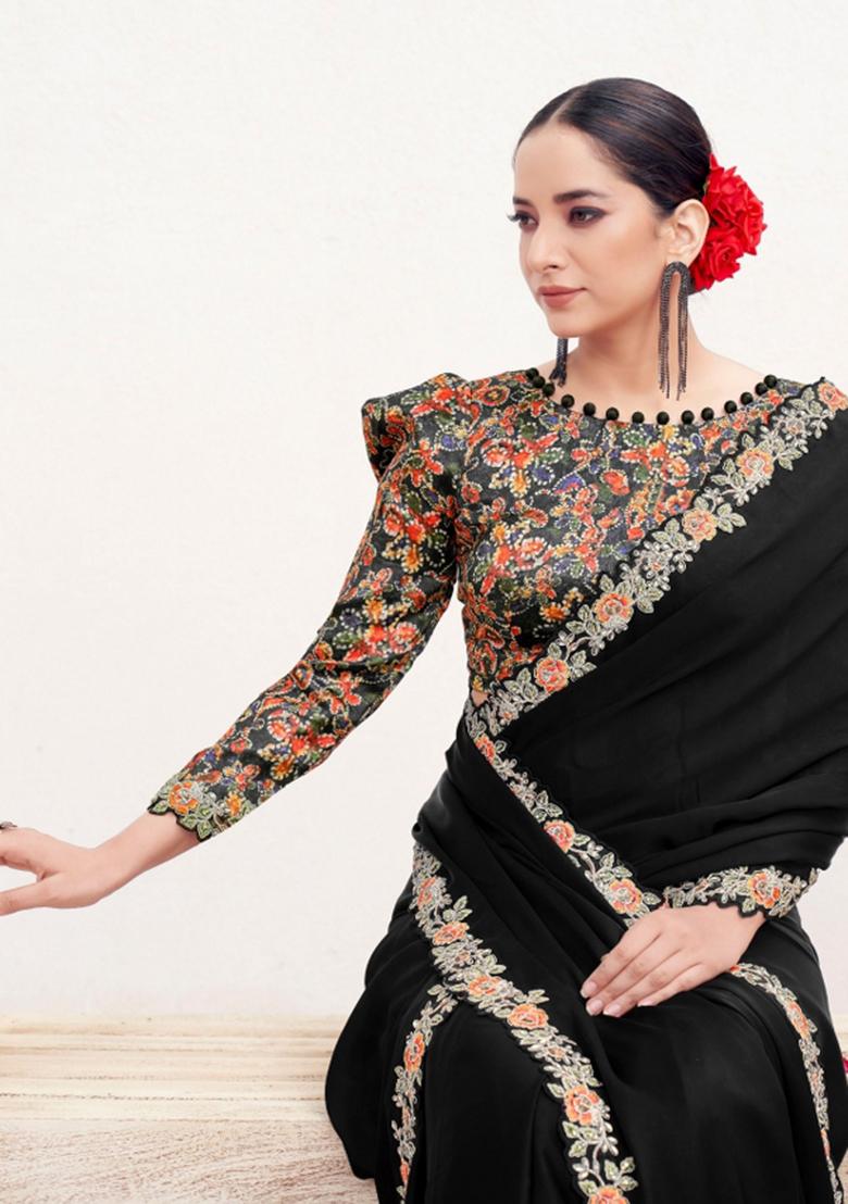 Black Resham Work Crepe Saree Set