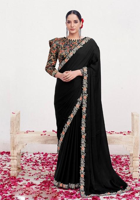 Black Resham Work Crepe Saree Set