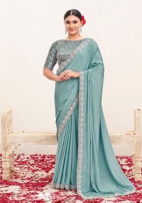 Blue Resham Work Crepe Saree Set