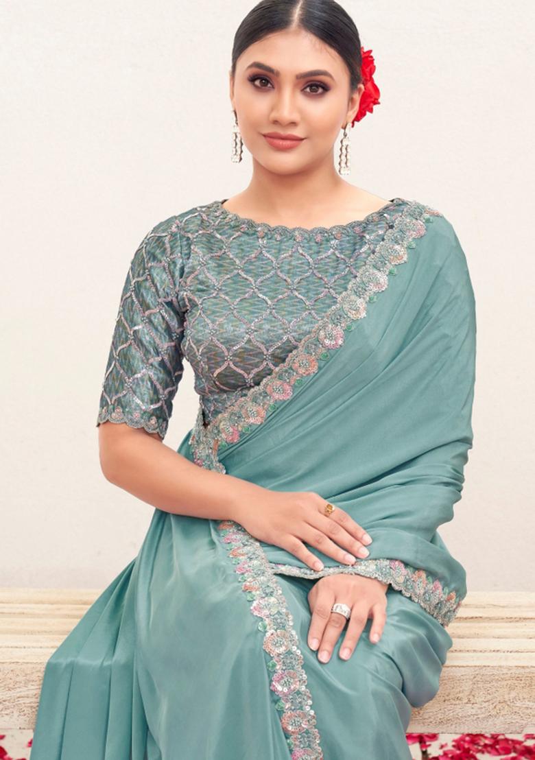 Blue Resham Work Crepe Saree Set