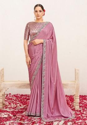 Pink Resham Work Crepe Saree Set
