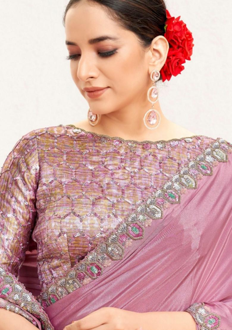 Pink Resham Work Crepe Saree Set