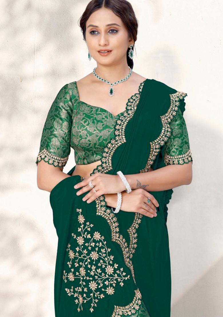 Green Resham Work Crepe Saree Set