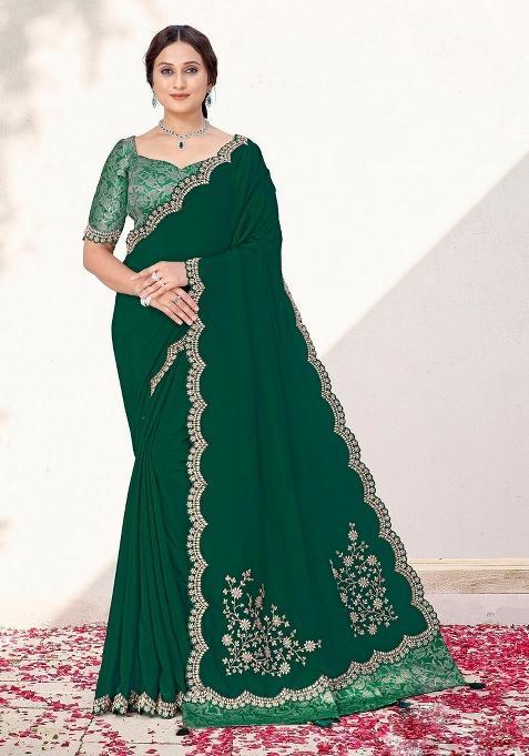 Green Resham Work Crepe Saree Set