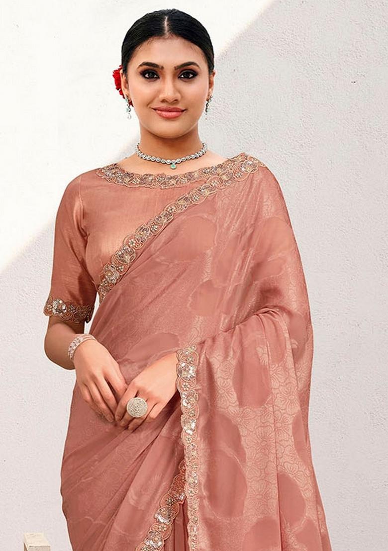 Peach Resham Work Jaquard Saree Set