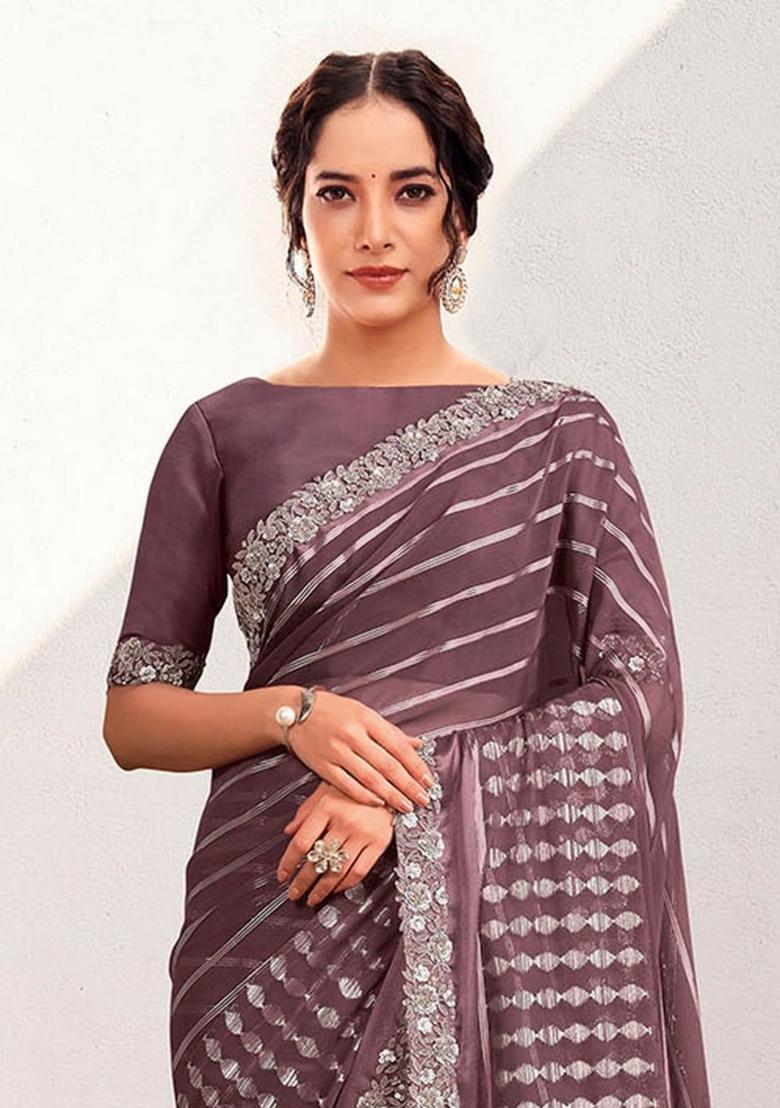 Lavender Resham Work Georgette Saree Set