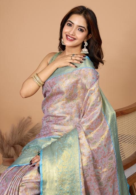 Blue Resham Work Silk Blend Saree Set