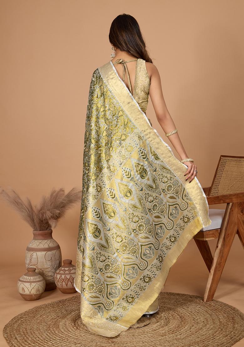Beige Resham Work Silk Blend Saree Set