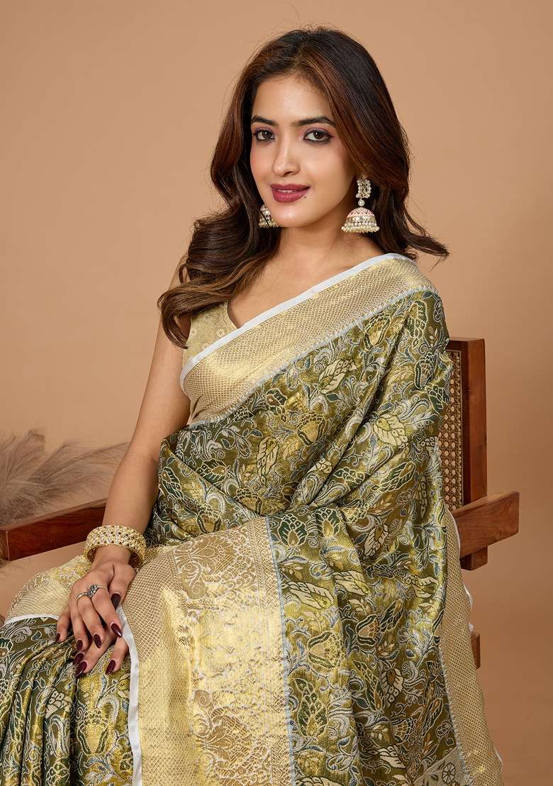 Beige Resham Work Silk Blend Saree Set for Diwali and Festive Wear - Indya