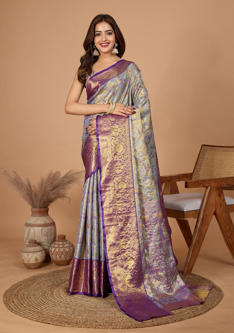 Purple Resham Work Silk Blend Saree Set