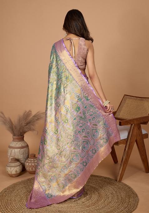 Pink Resham Work Silk Blend Saree Set