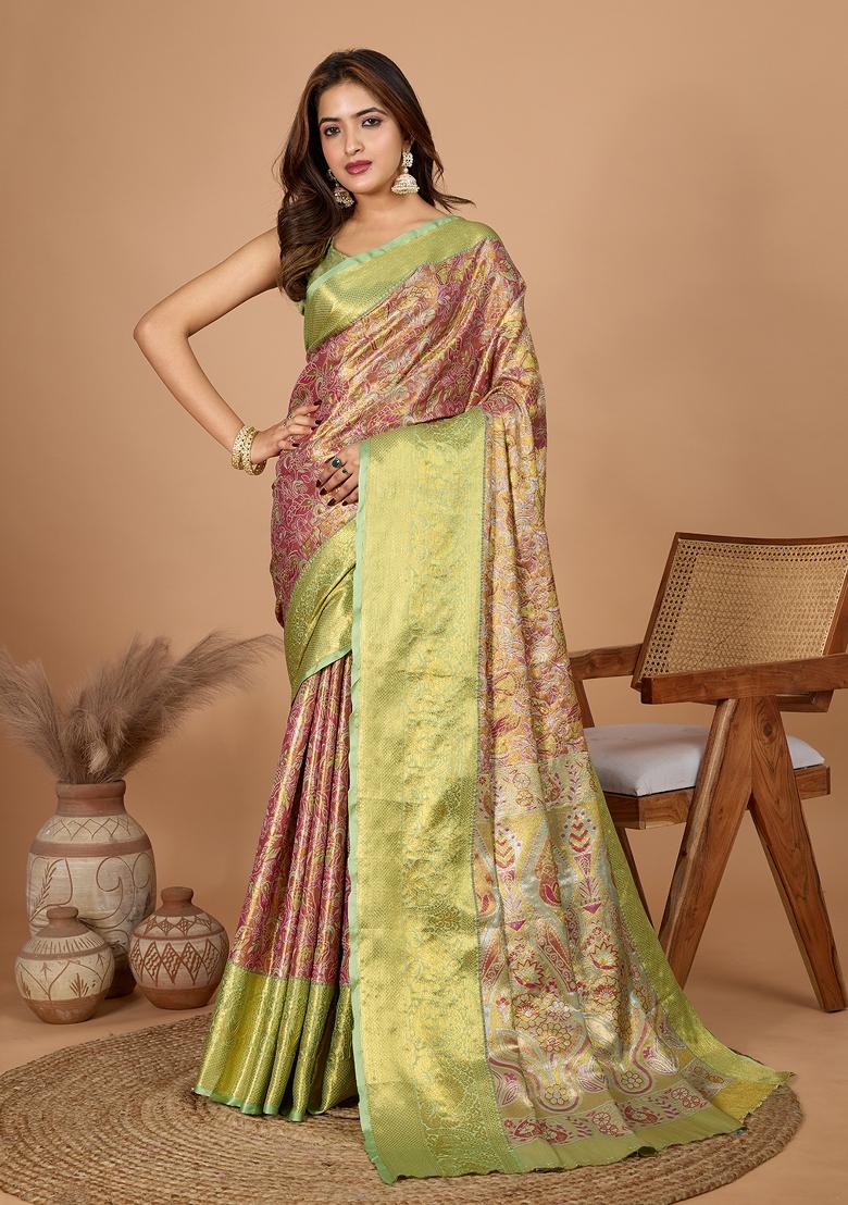 Green Resham Work Silk Blend Saree Set